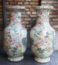 A large pair of Chinese famille rose millefleurs vases with landscape panels, Qianlong mark, 19th C.